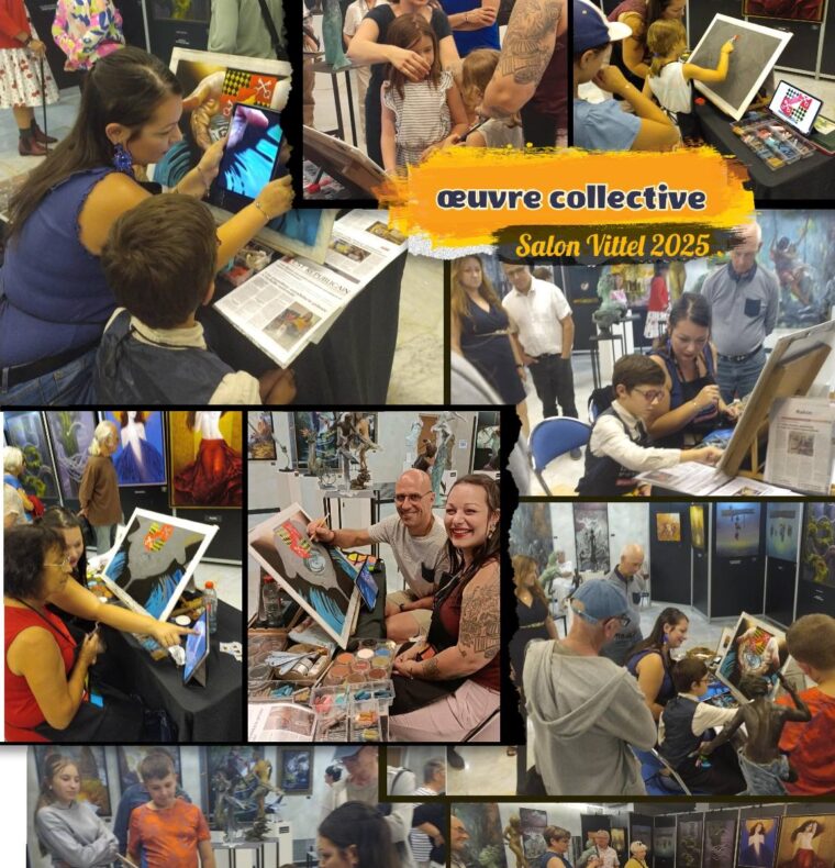 J'ai réalisé avec 36 visiteurs une oeuvre collective sur le thème de la ville de Vittel, lieu d'exposition et d'habitation pour la majorité des participants de 3 à 80 ans.